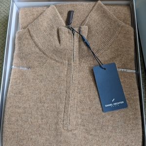 NEW DANIEL HECHTER PARIS MEN'S 1/4 ZIP 2-PLY CASHMERE SWEATER IN CARAMEL BROWN